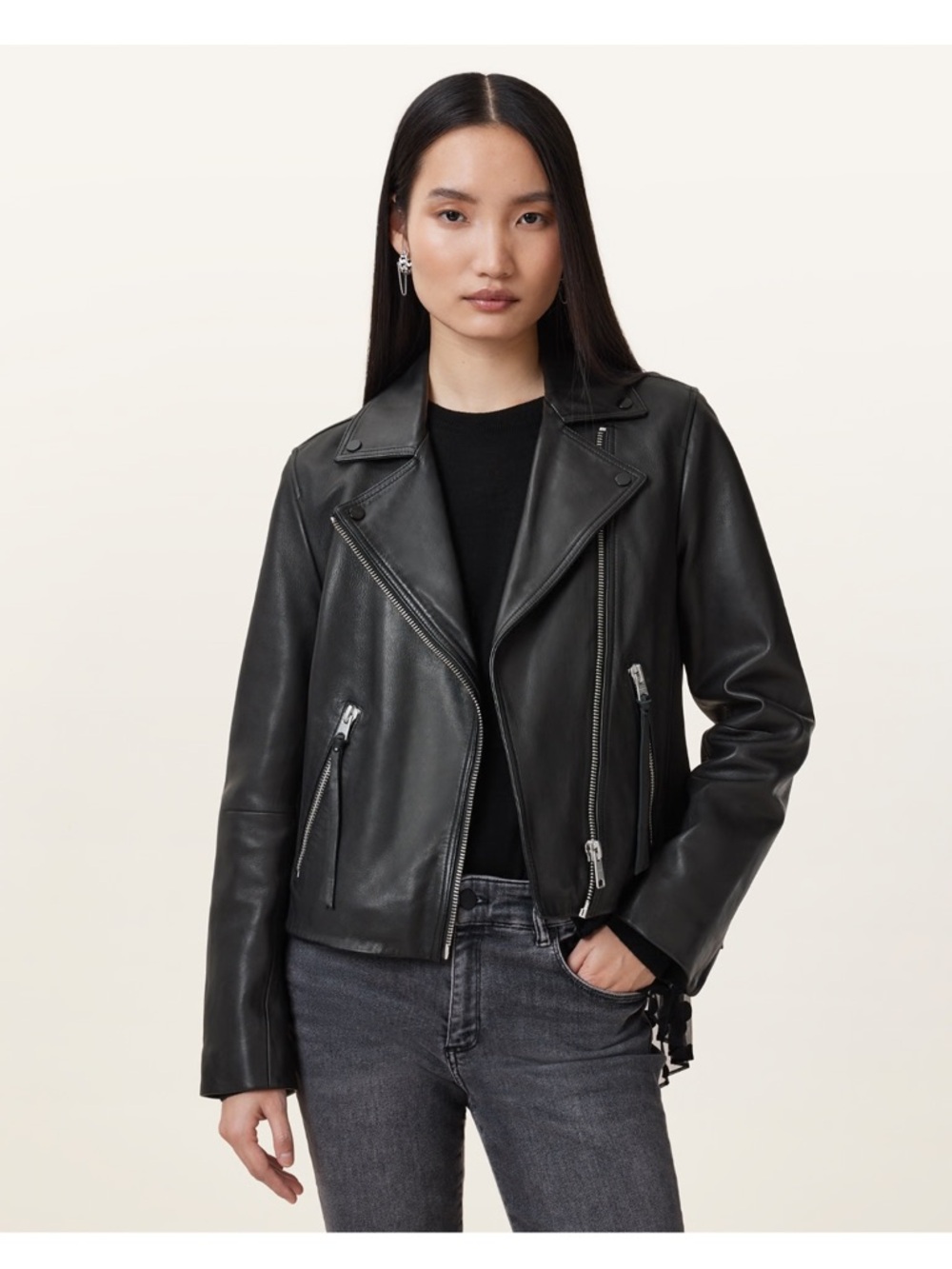 All Saints Dalby Black / Silver Leather Jacket - Size 6 - Picture 11 of 14